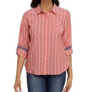 Tommy Hilfiger Roll Tab Stripe Convertible Button Down Shirt Top Women's Size XS